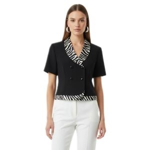 Sweet Suit Vintage 90s Black Zebra Trim Double Breasted Cropped Blazer